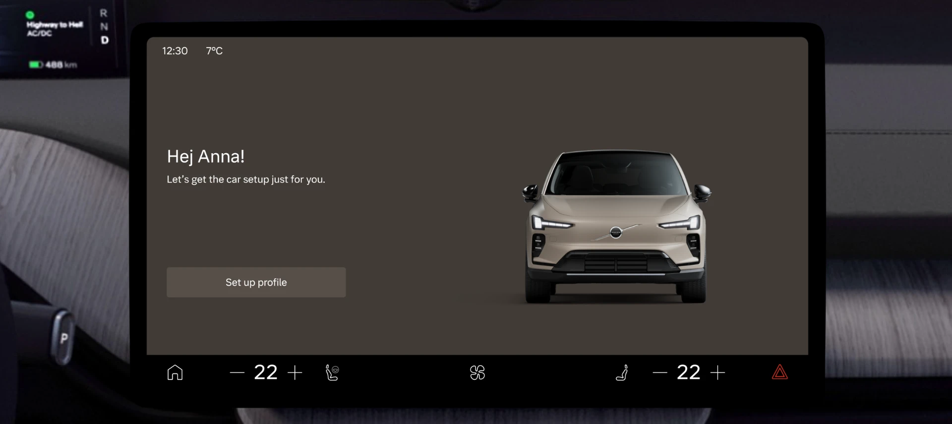 Volvo centre display showing the modular onboarding welcome screen with a vehicle profile setup prompt.
