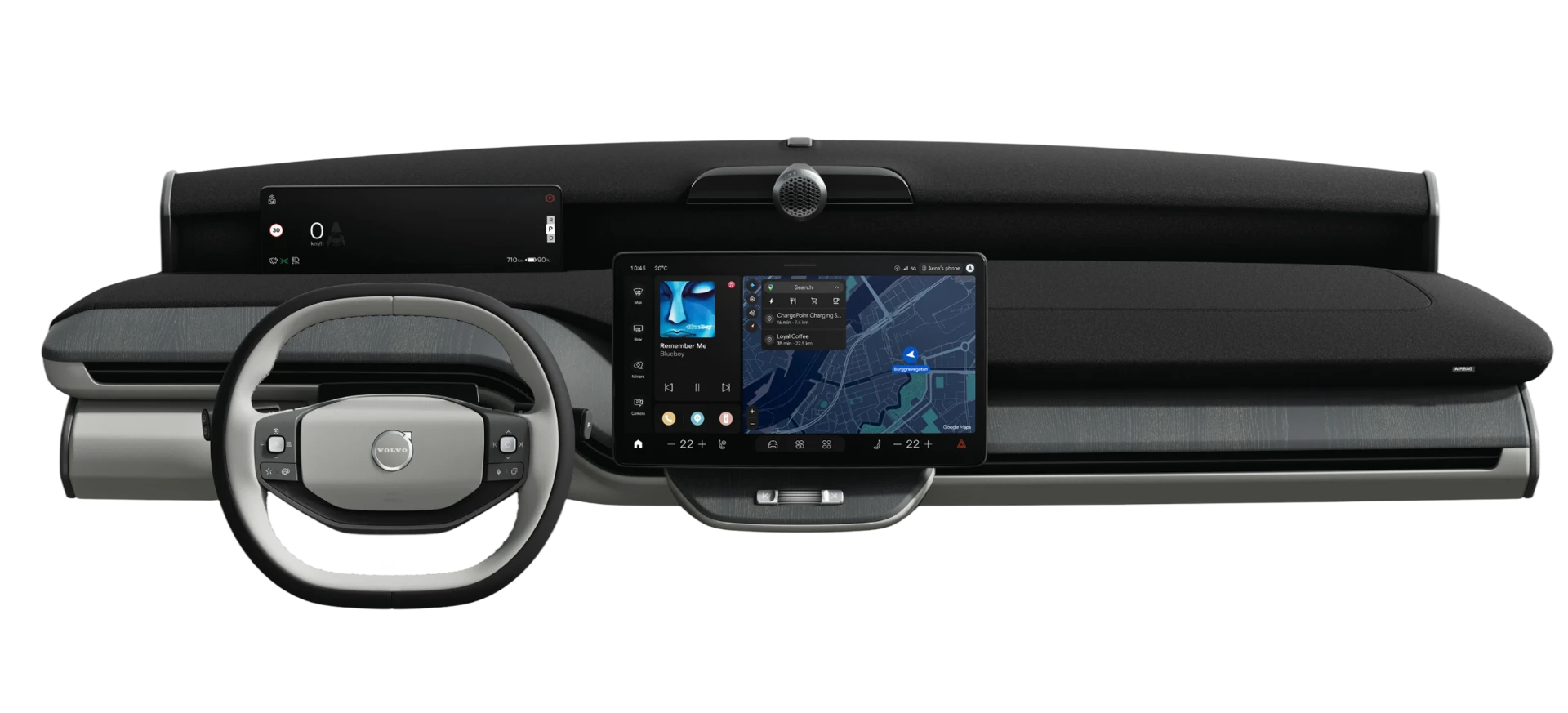 Volvo EX60 interior showing the steering wheel, driver display and centre touchscreen with navigation and media.